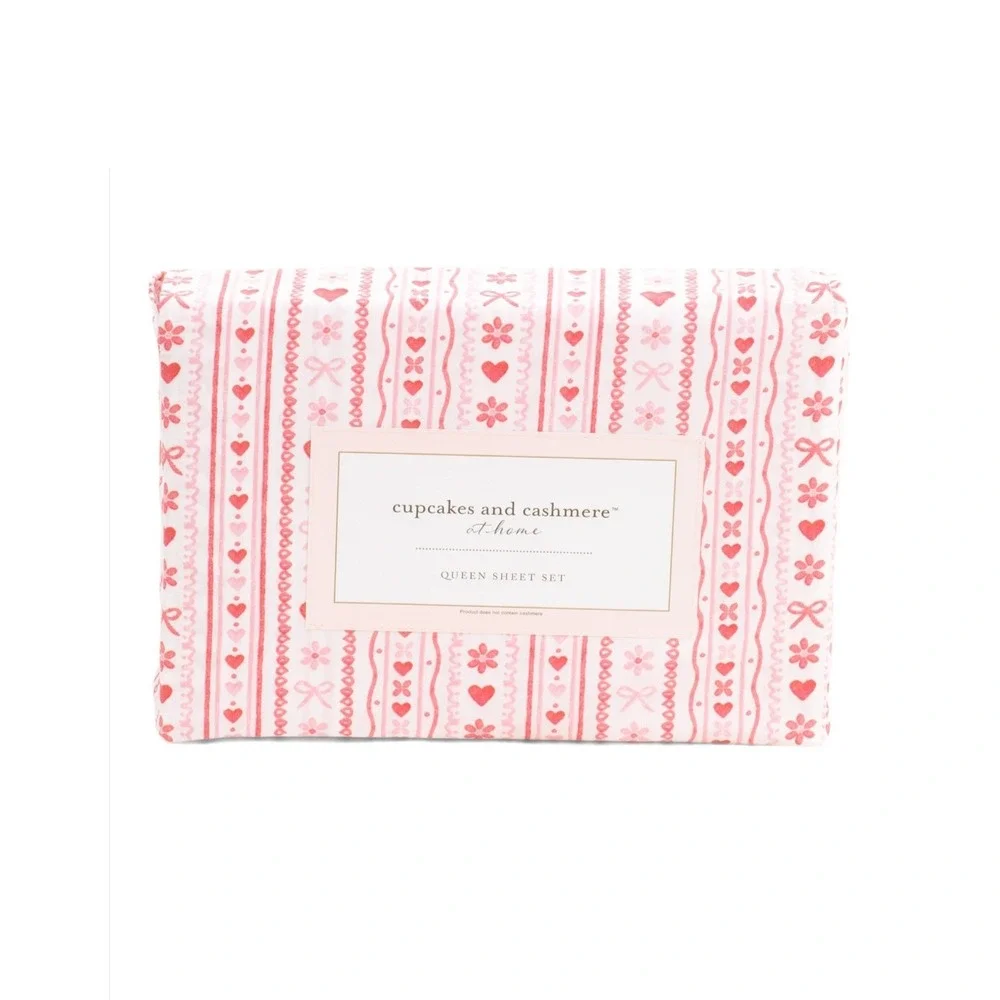 Cupcakes and Cashmere Love Crazy Striped Queen Sheet Set Pink Red Hearts Bows
